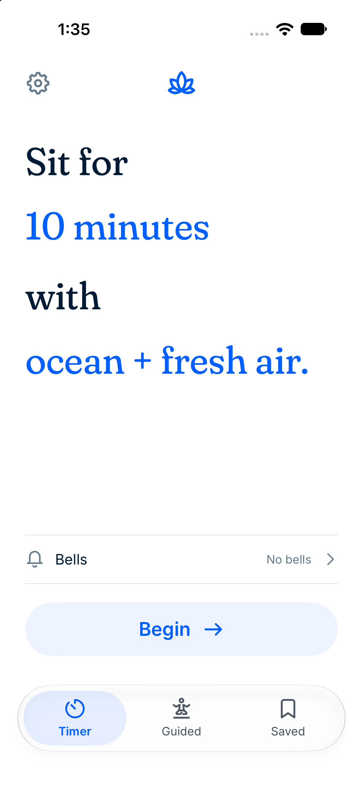 Zazn’s Timer on iPhone: sit for 10 minutes with ocean and Fresh Air music, optional bells, and a Begin button.
